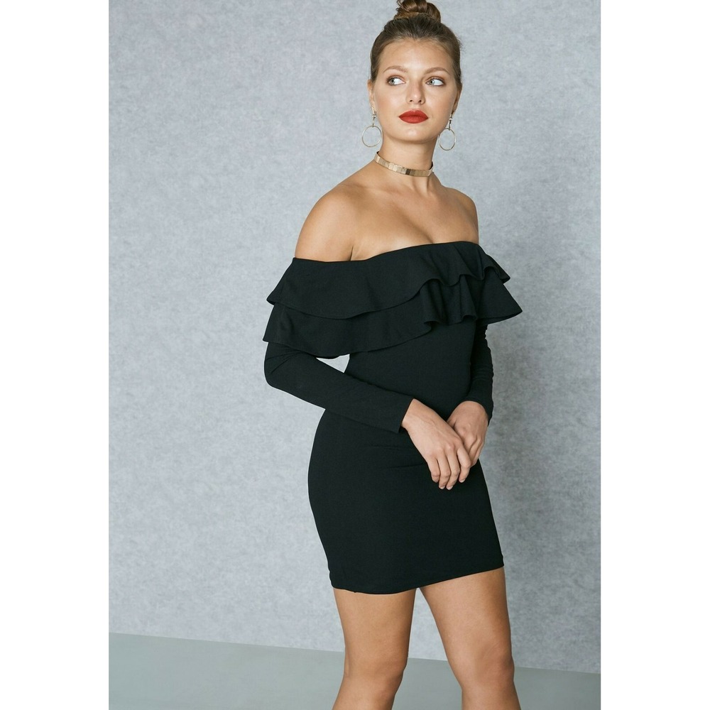 Missguided Womens 6 Ruffle Detail Bodycon Mini Sheath Dress Little Black Dress‎